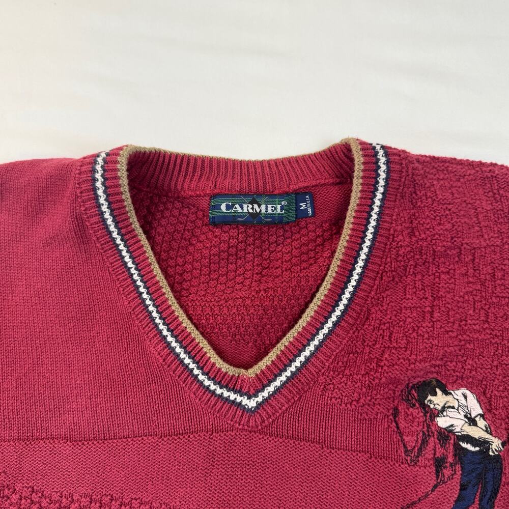 Vintage Golf Sweater Burgundy Red Knit V-Neck Embroidered Cotton USA Made Medium - Picture 4 of 13
